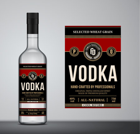Vector black and red vodka label template. Vodka glass bottle mockup. Distilling business branding and identity design elementsのイラスト素材