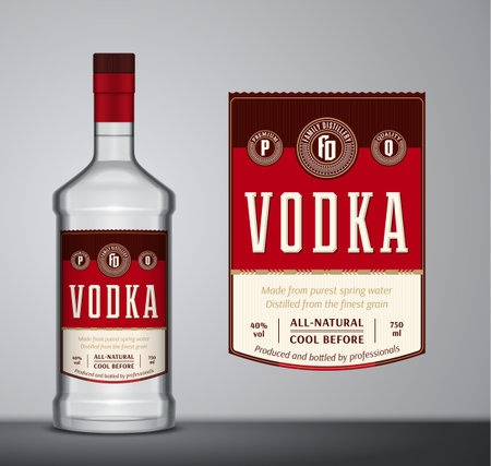 Vector red and beige vodka label template. Vodka glass bottle mockup with labelのイラスト素材