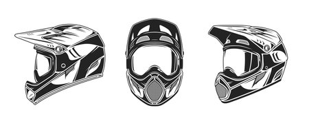 Vector black and white mountain biking full face helmets with goggles