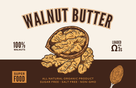 Walnut butter label, packaging or branding design template. Vector walnut illustrationのイラスト素材