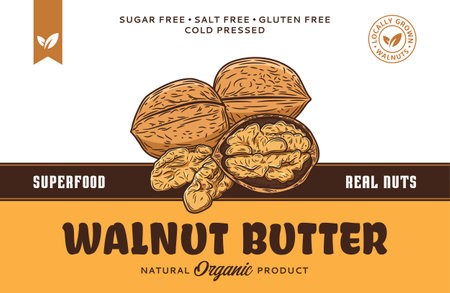 Walnut butter label or packaging design template. Vector walnut illustrationのイラスト素材