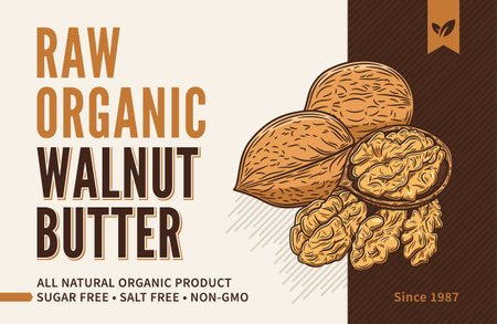 Walnut butter label or packaging design template. Vector walnut illustrationのイラスト素材