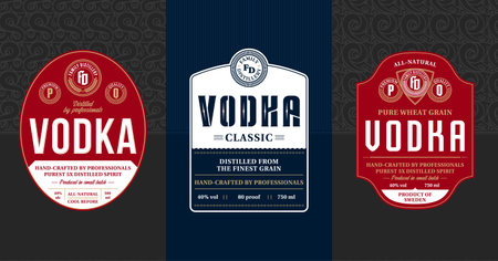 Vodka vintage labels and packaging design templates. Distilling business branding and identity design elementsのイラスト素材