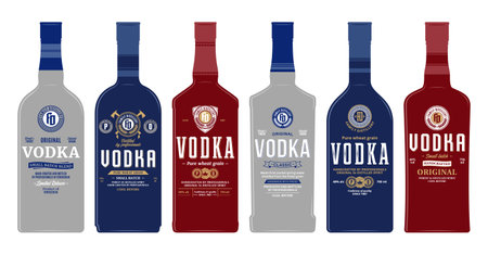 Vector vodka labels and bottle mockup templates. Distilling business branding and identity design elementsのイラスト素材