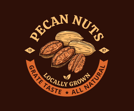 Vector pecan colorful logo. Nuts label design. Pecan nut kernels and shells illustrationのイラスト素材