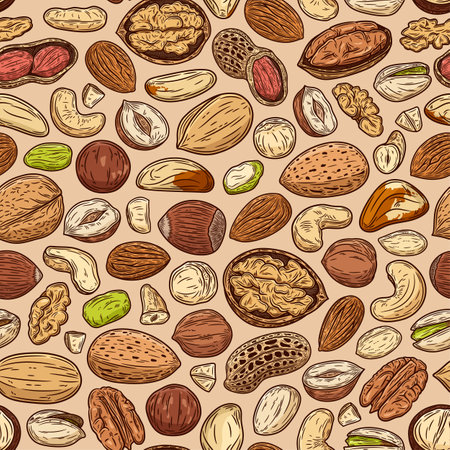 Vector mixed nuts seamless pattern or background. Nut kernels and nutshells colorful illustrationのイラスト素材