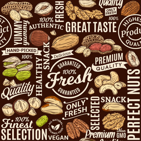 Typographic vector mixed nuts seamless pattern or background. Nut kernels and nutshells illustrations, vector food iconsのイラスト素材
