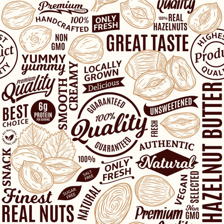 Typographic vector hazelnut butter seamless pattern or background, hazelnut kernels and shellsのイラスト素材