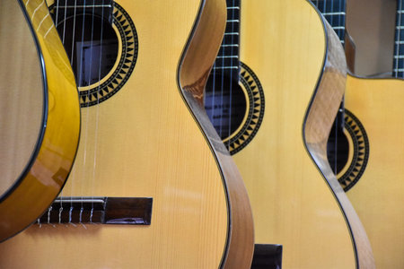 Closeup of guitars lined up for sale in a music store