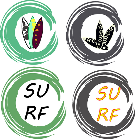 Surfer vector set. Vintage surf elements. Vector retro surfing labels, badges and design elements.のイラスト素材