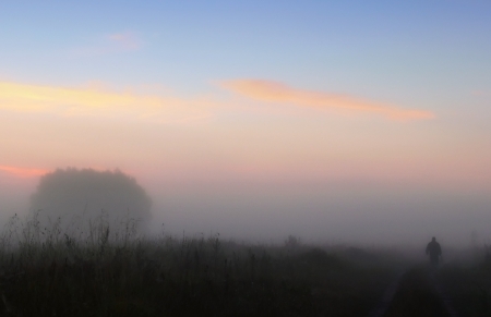 Landscape in fog with silhouette of manの写真素材