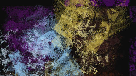 Abstract art work with blue, yellow, purple, and brown splashes with free and square patternの写真素材