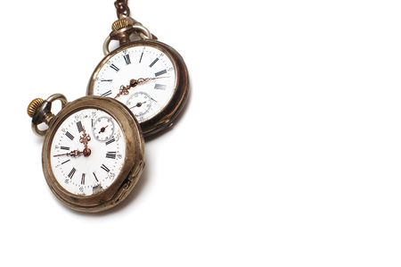 Two old broken pocket watch isolated on whiteの写真素材