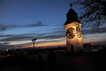 Old tower with clock in the Petrovaradin fortress near Novi Sad, Serbiaの写真素材