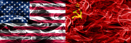 United States vs USSR communist smoke flags concept placed side by sideの写真素材