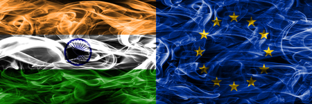 India vs EU smoke flags placed side by side. European Union flagの写真素材
