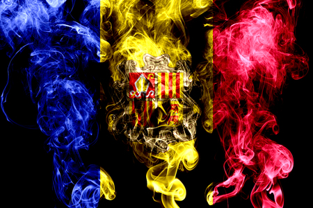 National flag of Andorra made from colored smoke isolated on black backgroundの写真素材