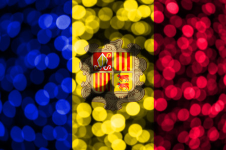 Andorra abstract blurry bokeh flag. Christmas, New Year and National day concept flag.の写真素材