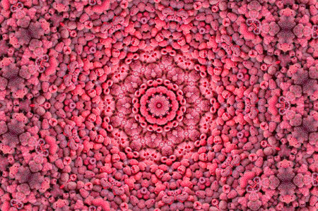 Kaleidoscope fractal fresh raspberry background. Texture raspberries berries close up