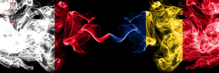 Malta, Maltese, Romania, Romanian competition thick colorful smoky flags. European football qualifications gamesの写真素材