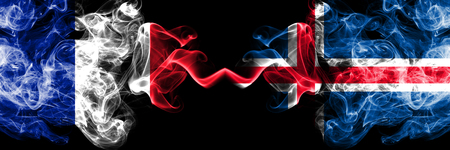 France, French, Iceland, Icelandic competition thick colorful smoky flags. European football qualifications gamesの写真素材