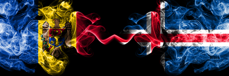 Moldova, Moldovan, Iceland, Icelandic competition thick colorful smoky flags. European football qualifications gamesの写真素材