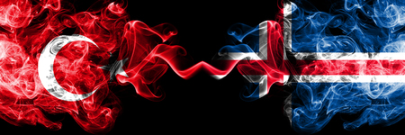 Turkey, Turkish, Iceland, Icelandic competition thick colorful smoky flags. European football qualifications gamesの写真素材