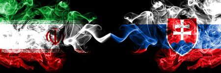Iran vs Slovakia, Slovakian smoky mystic states flags placed side by side. Thick colored silky smokes flag combination of Iranian and Slovakia, Slovakianの写真素材