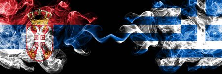 Serbia vs Greece, Greek smoky mystic flags placed side by side. Thick colored silky smokes combination of Serbian and Greece, Greek flagの写真素材
