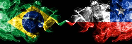 Brazil, Brazilian, Chile, Chilean, flip, competition thick colorful smoky flags. America football final stage match gamesの写真素材