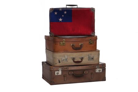 Samoa, Samoan travel concept. Group of vintage suitcases isolated on white backgroundの写真素材