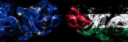 Eu, European union vs Palestine, Palestinian smoke flags placed side by side. Thick colored silky smokes abstract flagsの写真素材