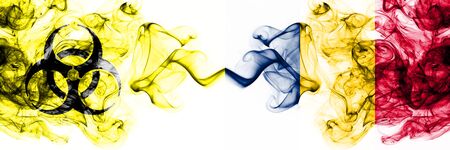 Chad, Chadian Quarantine. Coronavirus COVID-19 lockdown. Smoky mystic flag of Chad, Chadian with biohazard symbol placed side by side.の写真素材