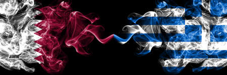 Qatar vs Greece, Greek smoky mystic flags placed side by side. Thick colored silky abstract smoke flags.の写真素材
