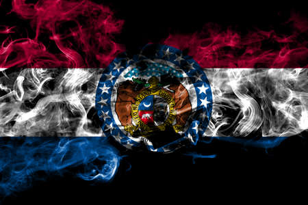 United States of America, America, US, USA, American, Missouri smoke flag isolated on black backgroundの写真素材