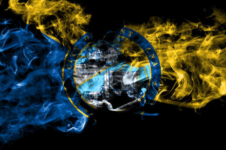 United States of America, America, US, USA, American, Santa Ana, California smoke flag isolated on black backgroundの写真素材