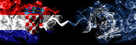 Croatia, Croatian vs United States of America, America, US, USA, American, Charleston, South Carolina smoky mystic flags placed side by side. Thick colored silky abstract smoke flags.の写真素材