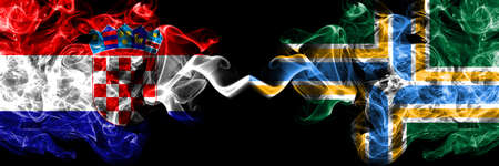 Croatia, Croatian vs United States of America, America, US, USA, American, Portland, Oregon smoky mystic flags placed side by side. Thick colored silky abstract smoke flags.の写真素材