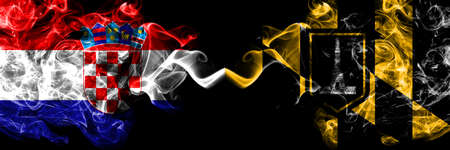 Croatia, Croatian vs United States of America, America, US, USA, American, Baltimore, Maryland smoky mystic flags placed side by side. Thick colored silky abstract smoke flags.の写真素材