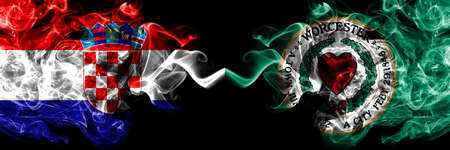 Croatia, Croatian vs United States of America, America, US, USA, American, Worcester, Massachusetts smoky mystic flags placed side by side. Thick colored silky abstract smoke flags.の写真素材