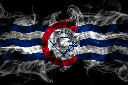 United States of America, America, US, USA, American, Cincinnati, Ohio smoke flag isolated on black backgroundの写真素材