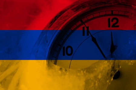 Armenia, Armenian flag with clock close to midnight in the background. Happy New Year conceptの写真素材