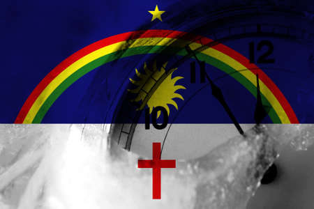 Brazil, Brazilian, Pernambuco flag with clock close to midnight in the background. Happy New Year conceptの写真素材