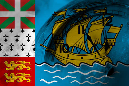 France, French, Saint-Pierre and Miquelon flag with clock close to midnight in the background. Happy New Year conceptの写真素材