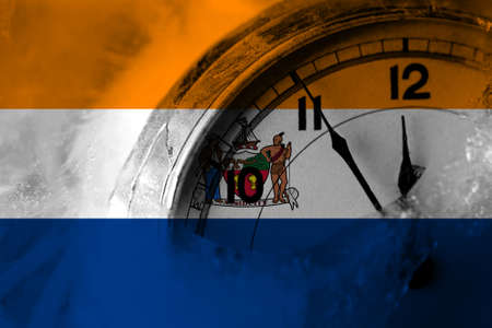 United States of America, America, US, USA, American, Albany, New York flag with clock close to midnight in the background. Happy New Year conceptの写真素材