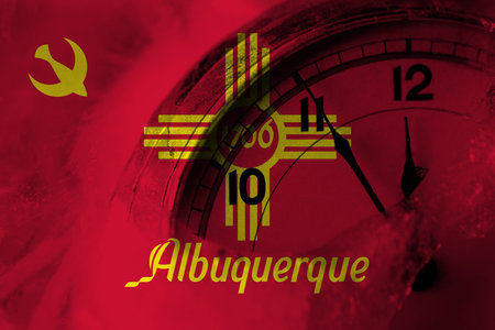 United States of America, America, US, USA, American, Albuquerque, New Mexico flag with clock close...