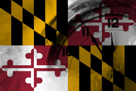 United States of America, America, US, USA, American, Maryland flag with clock close to midnight in the background. Happy New Year conceptの写真素材