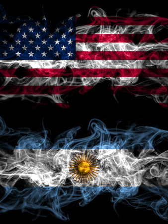 United States of America, America, US, USA, American vs Argentina, Argentinian, Argentine smoky mystic flags placed side by side. Thick colored silky abstract smoke flagsの写真素材