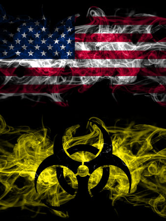 United States of America, America, US, USA, American vs Biohazard, Virus, Covid smoky mystic flags placed side by side. Thick colored silky abstract smoke flagsの写真素材