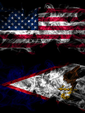 United States of America, America, US, USA, American smoky mystic flags placed side by side. Thick colored silky abstract smoke flags.の写真素材